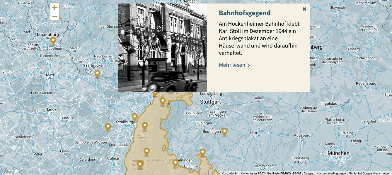 Screenshot der Interaktiven Karte im Online-Geschichtsportal "Baden 1918 bis 1945"